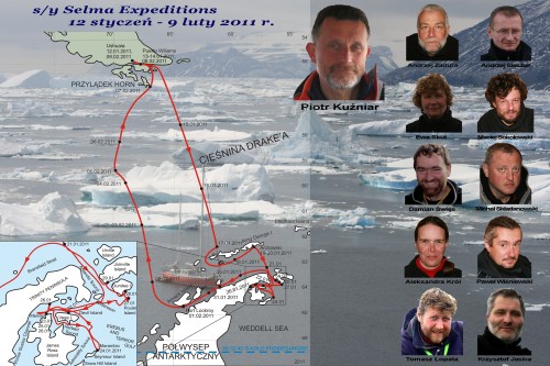Uczestnicy wyprawy na Morze Weddella i trasa rejsu.